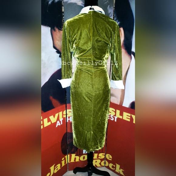 Tatyana Maud Autumn Moss Green Velvet Cuff Sleeve Pinup Pencil Dress w Black Tie - Picture 3 of 16